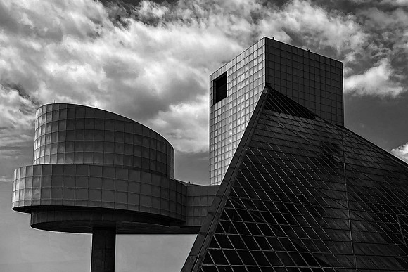 Rock and Roll Hall of Fame building geometry in black and white – art print available